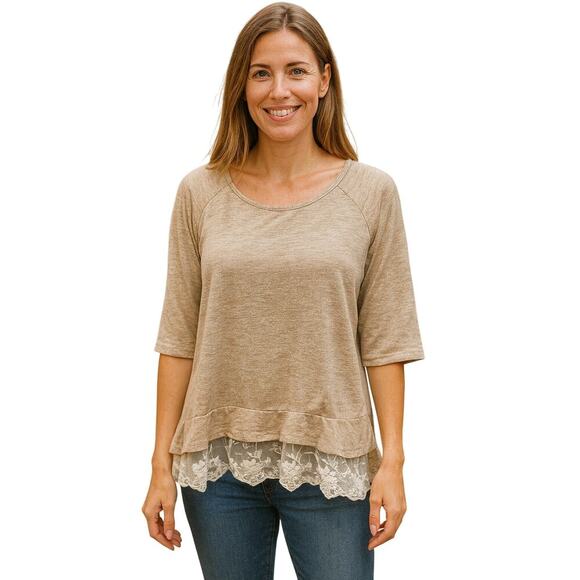 Umgee Tops - Umgee USA sz S neutral beige lace trim tunic top EUC 1/2 sleeve coquette EUC